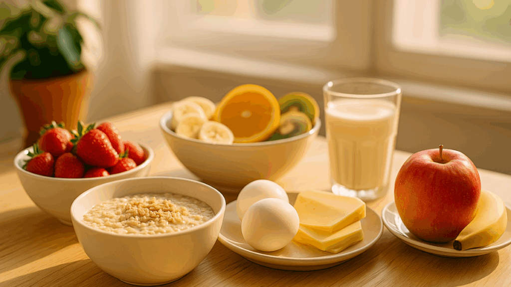 Café da manhã saudável com ovos, frutas, iogurte e queijo em mesa iluminada pela luz da manhã.