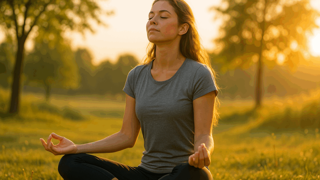Mulher meditando ao amanhecer em um campo verde, praticando respiração consciente e transmitindo calma.