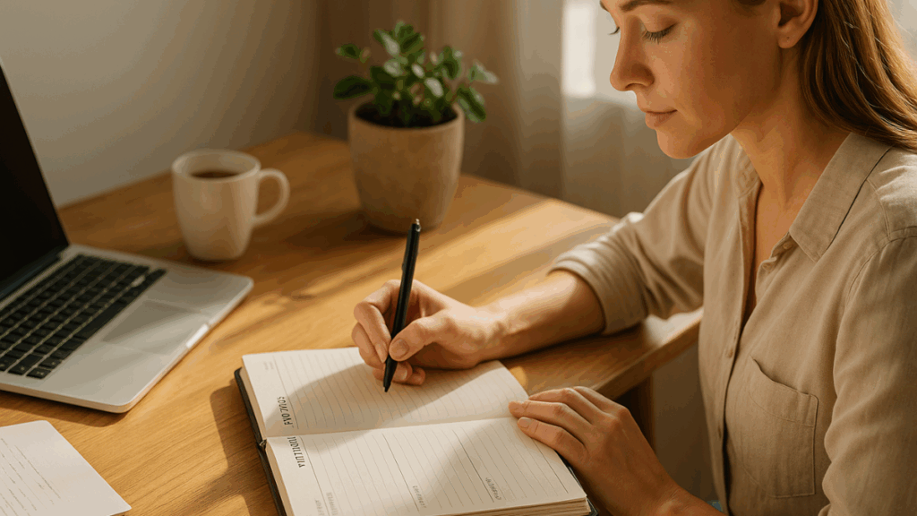 Mulher escrevendo em um planner pela manhã com xícara de café, representando organização e foco.