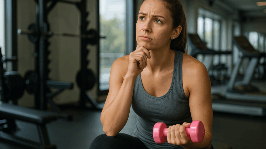 Fisioterapeuta esportivo conversando com mulher corredora em ambiente de academia.