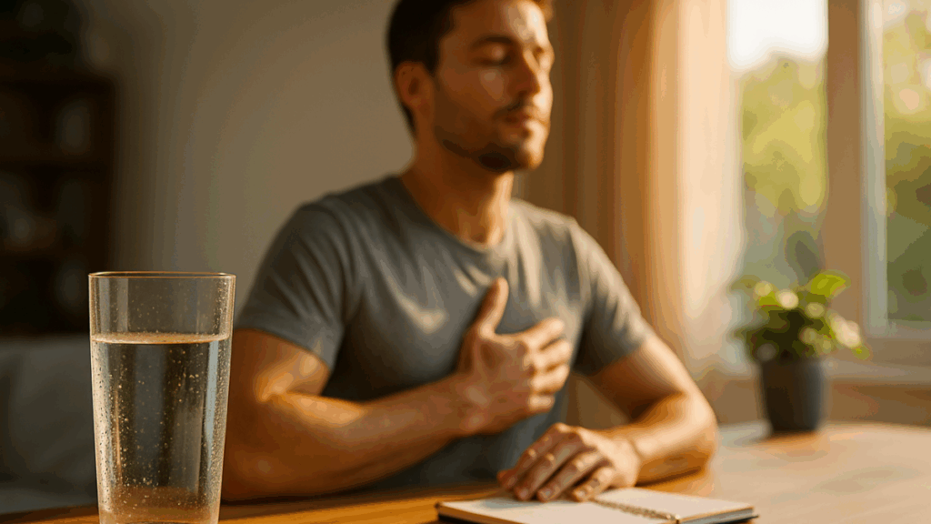 opo de água transparente iluminado pela luz natural da manhã sobre uma mesa de madeira