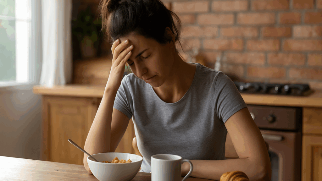 Mulher cansada segurando a cabeça durante o café da manhã.