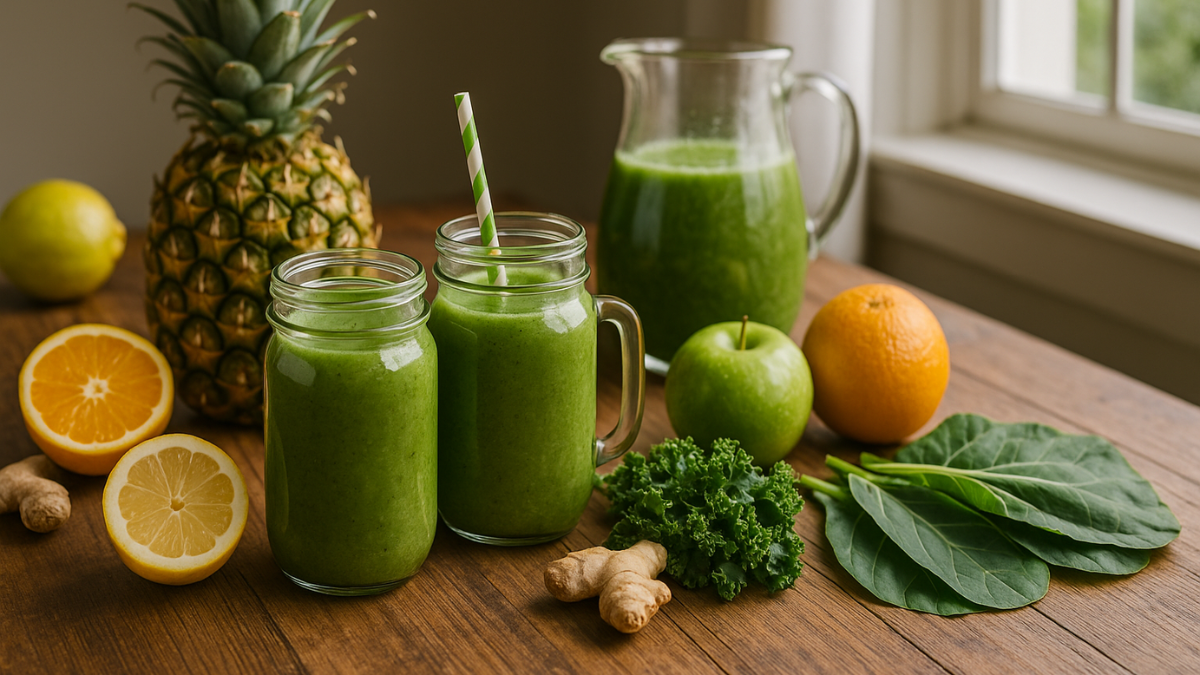 Copo de suco detox verde natural com folhas frescas e limão ao lado