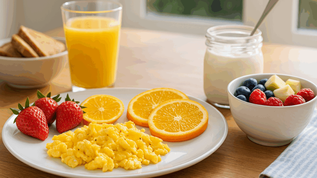 Café da manhã saudável com ovos mexidos, frutas frescas, suco natural e iogurte em mesa iluminada.