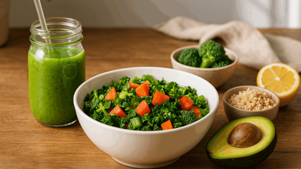 Prato de almoço detox com legumes frescos, grãos integrais e vegetais variados