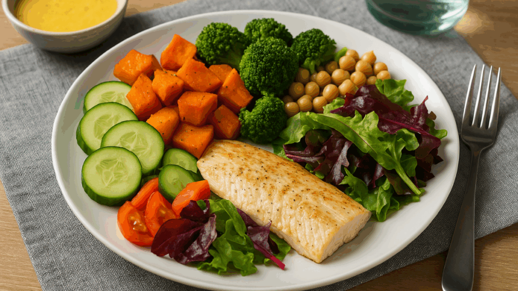 Prato detox equilibrado com legumes, grão-de-bico e filé de peixe grelhado para jantar saudável.