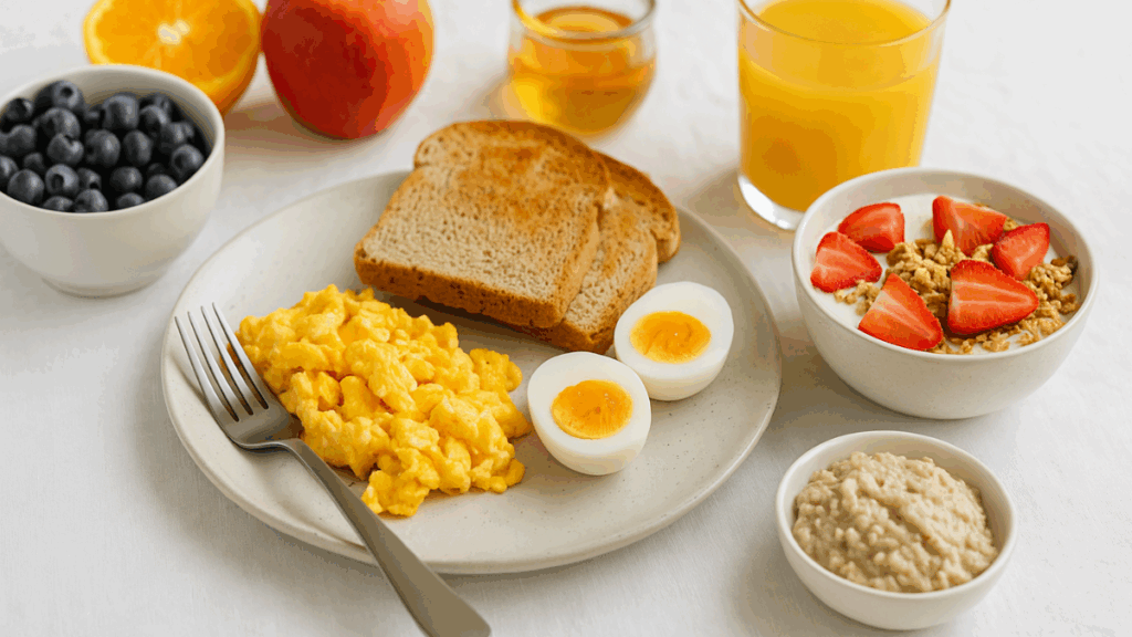 Café da manhã saudável com frutas, ovos e iogurte com granola.