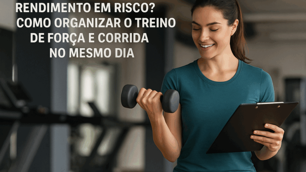 Mulher atlética observando uma planilha de treino com tênis de corrida e halteres ao lado.