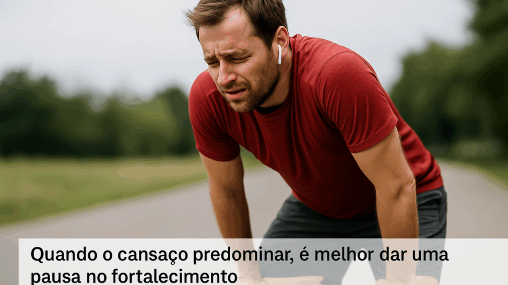 Corredora exausta sentada na calçada após treino intenso, segurando a perna.