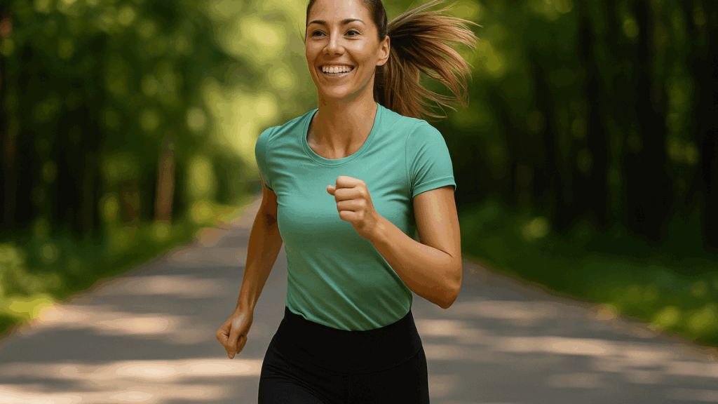 Mulher jovem e sorridente correndo em uma trilha arborizada com postura leve e determinada.