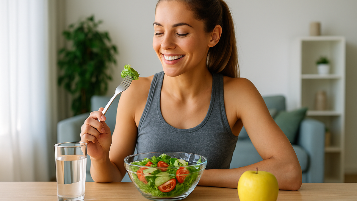 Mulher jovem e saudável comendo salada fresca em mesa iluminada pelo sol.