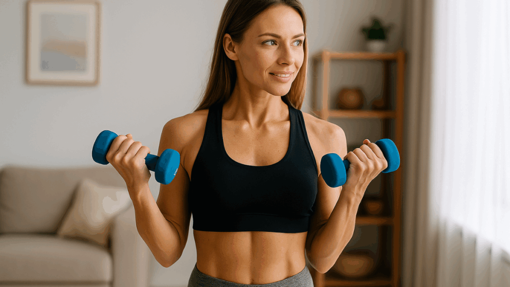 Mulher sorridente preparando refeição saudável na cozinha, representando o método dos 21 dias para reduzir barriga sem academia.