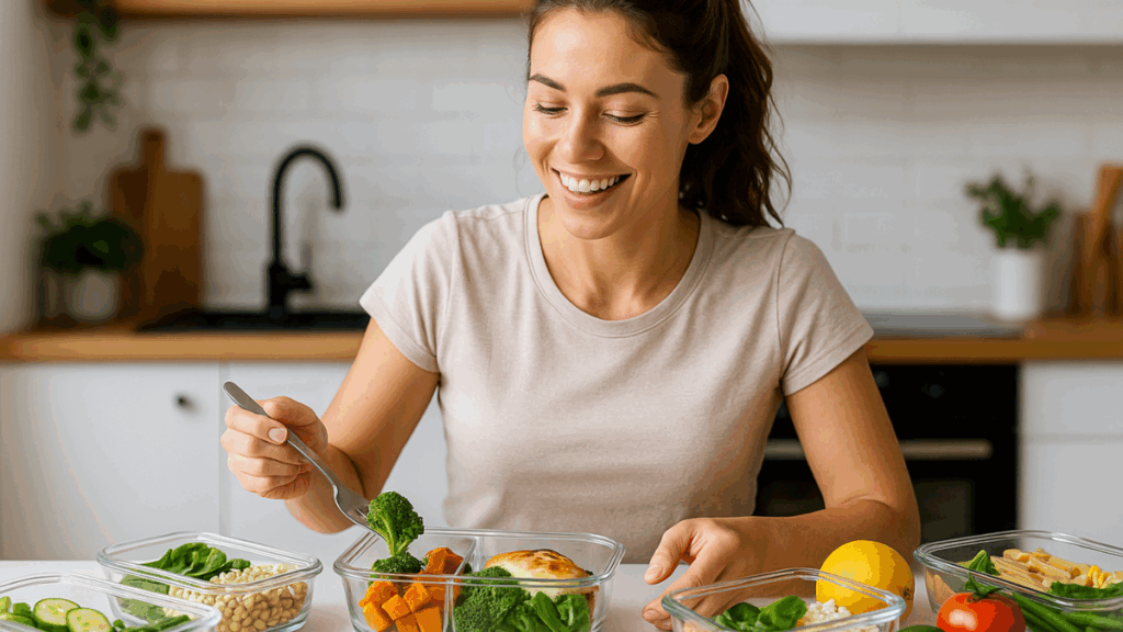 Mulher jovem preparando refeições saudáveis em potes de vidro, com legumes frescos e frango grelhado, em cozinha iluminada.