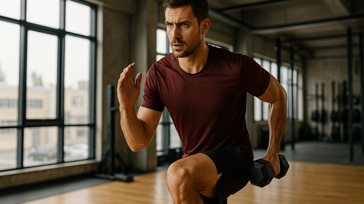 Homem treinando força com halteres em academia iluminada, representando combinação de corrida e musculação.