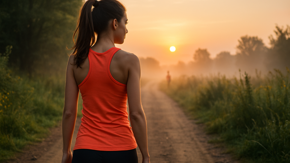 Pessoa caminhando ao amanhecer em uma trilha, vista ao fundo, com o sol iluminando a paisagem.