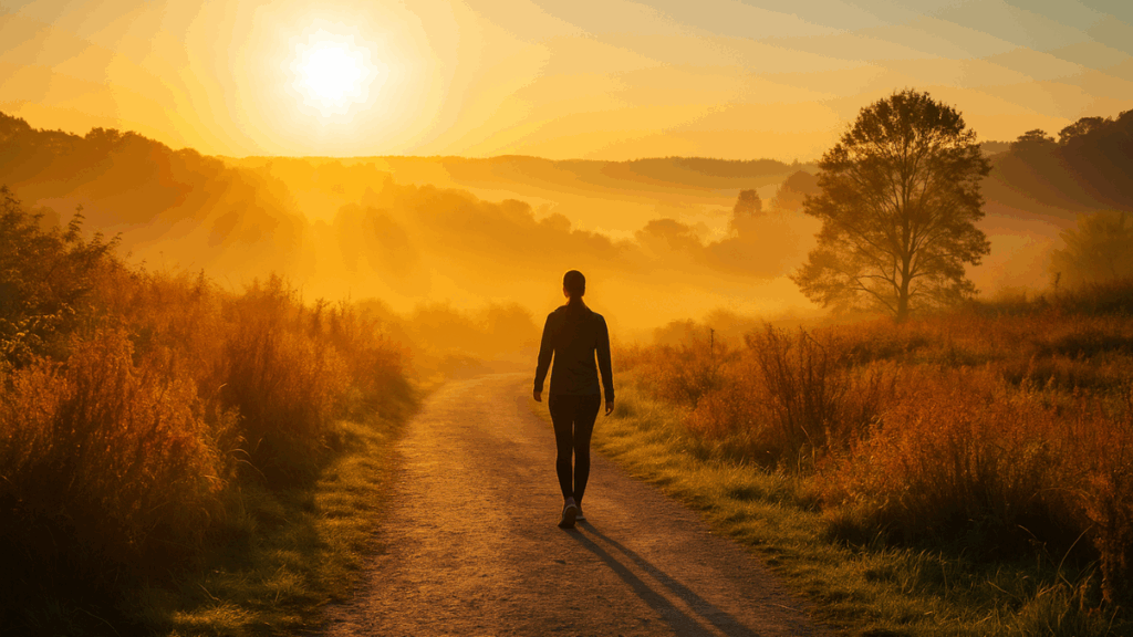 Pessoa caminhando ao amanhecer em uma trilha iluminada pelo sol nascente, transmitindo energia e bem-estar.