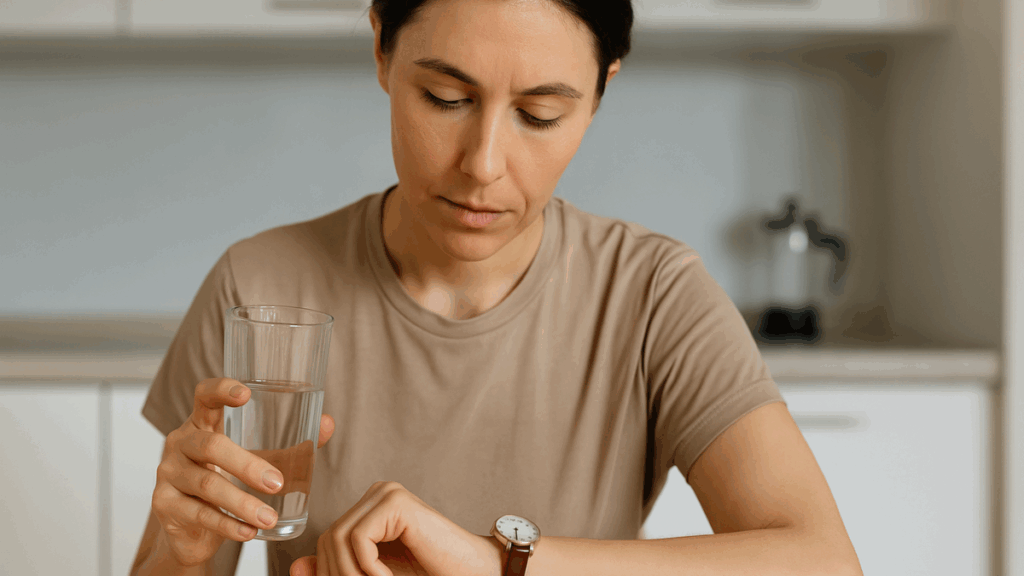 Mulher em jejum matinal segurando um copo de água e olhando para o relógio.