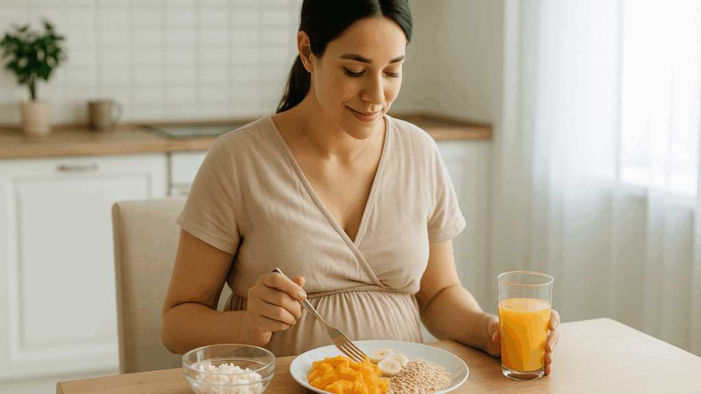 Mulher grávida tomando café da manhã saudável com frutas e suco.