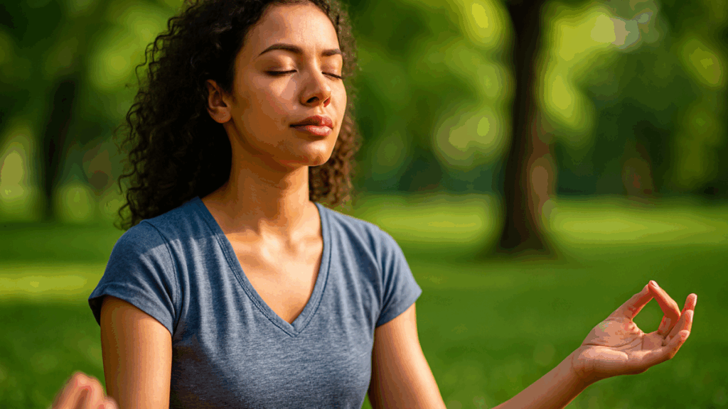 Mulher serena meditando em parque ao ar livre em um momento de bem-estar