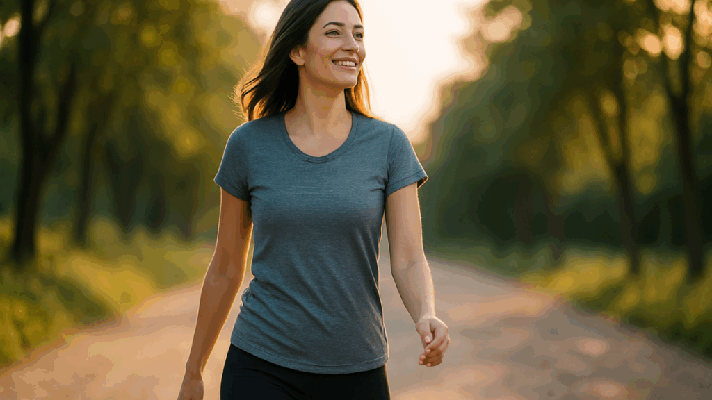 Mulher sorridente caminhando em trilha ao entardecer em meio à natureza