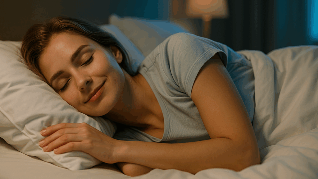 Mulher dormindo tranquilamente em quarto escuro com expressão serena