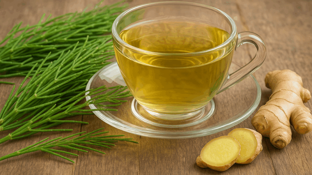 Xícara de chá de cavalinha em mesa rústica com folhas frescas e gengibre ao lado, representando bem-estar e leveza.