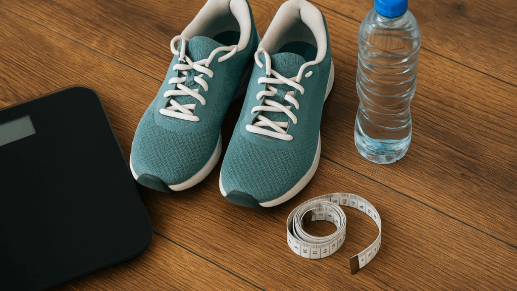 Balança digital ao lado de tênis de corrida, garrafa de água e fita métrica.