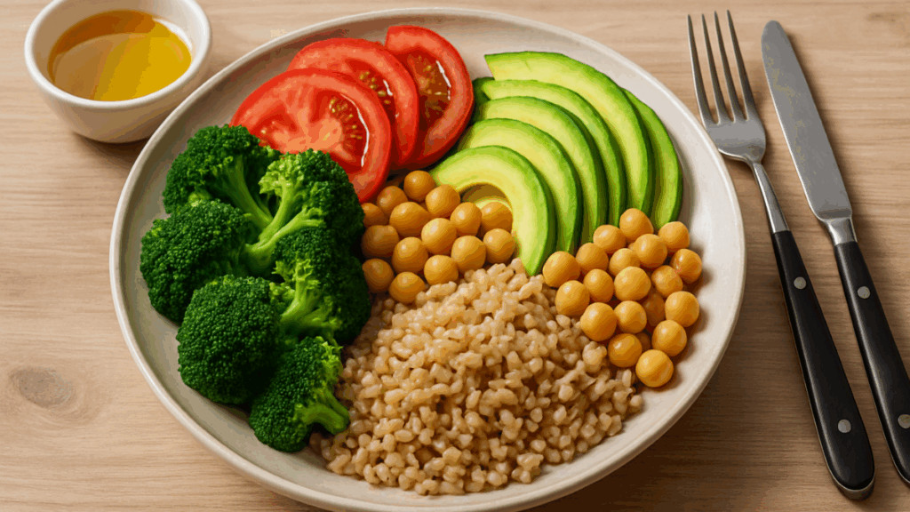 Prato dividido com brócolis, tomate, abacate, grão-de-bico e arroz integral
