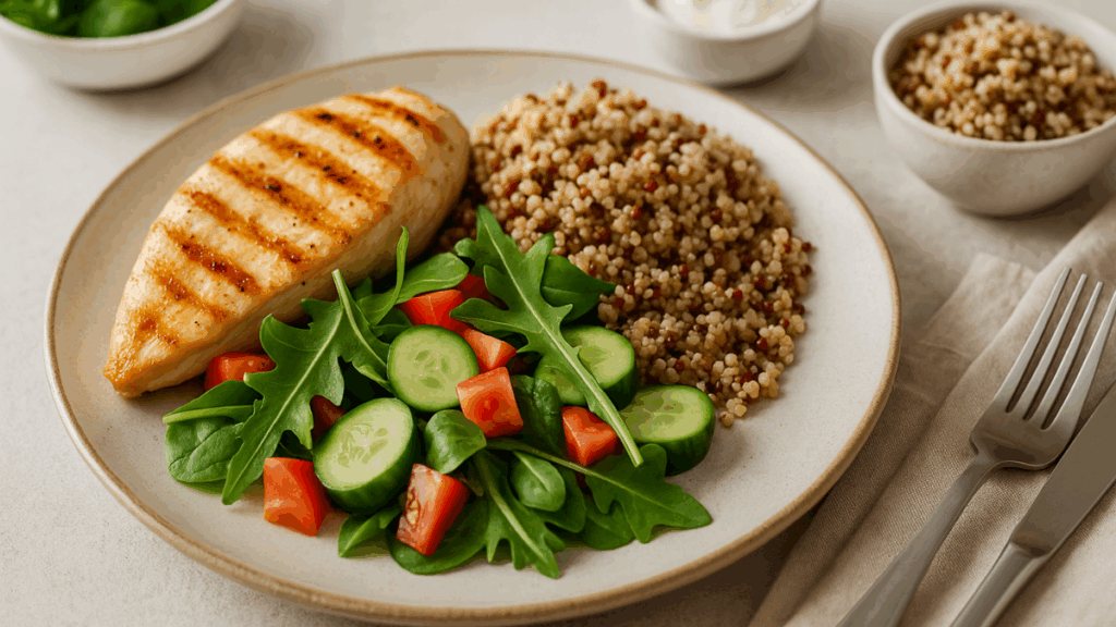 Prato saudável com frango grelhado, salada colorida e grãos integrais.