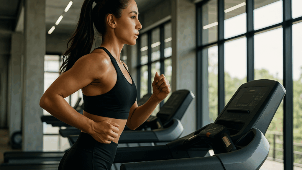Mulher correndo em esteira durante treino de alta intensidade em academia moderna.