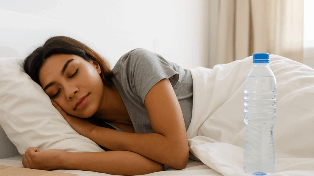 Mulher dormindo em quarto iluminado com garrafa de água ao lado.
