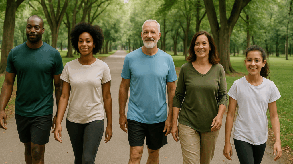 Pessoas caminhando em parque arborizado para emagrecer sem academia.
