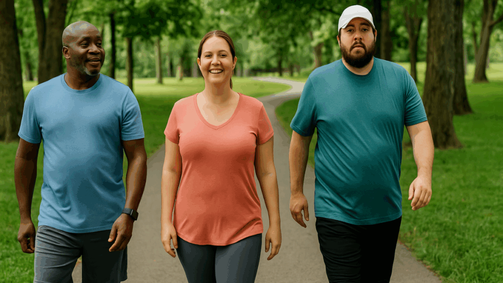 Pessoas caminhando em parque arborizado para emagrecer sem academia.