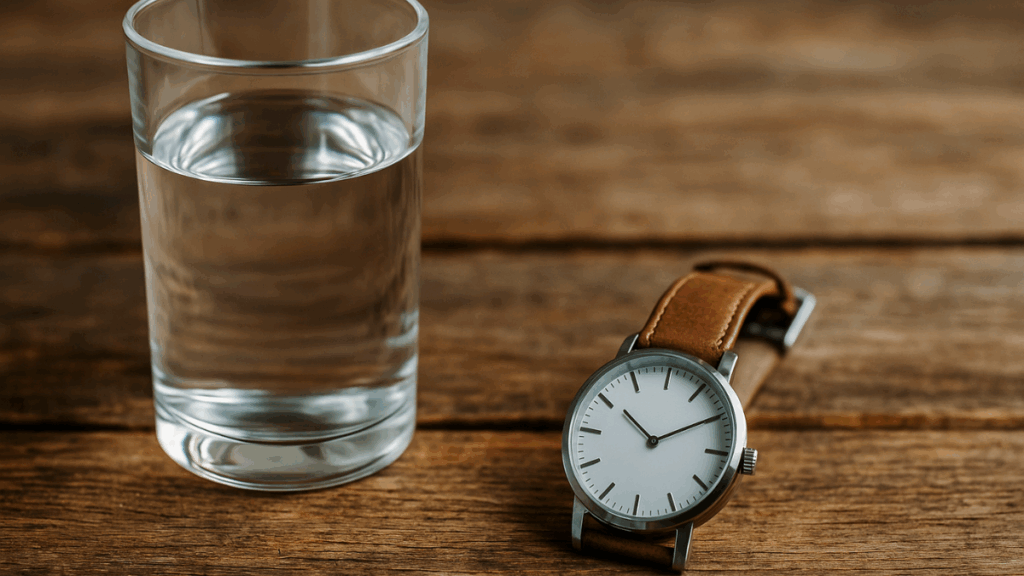 Copo de água e relógio de pulso simbolizando jejum intermitente.