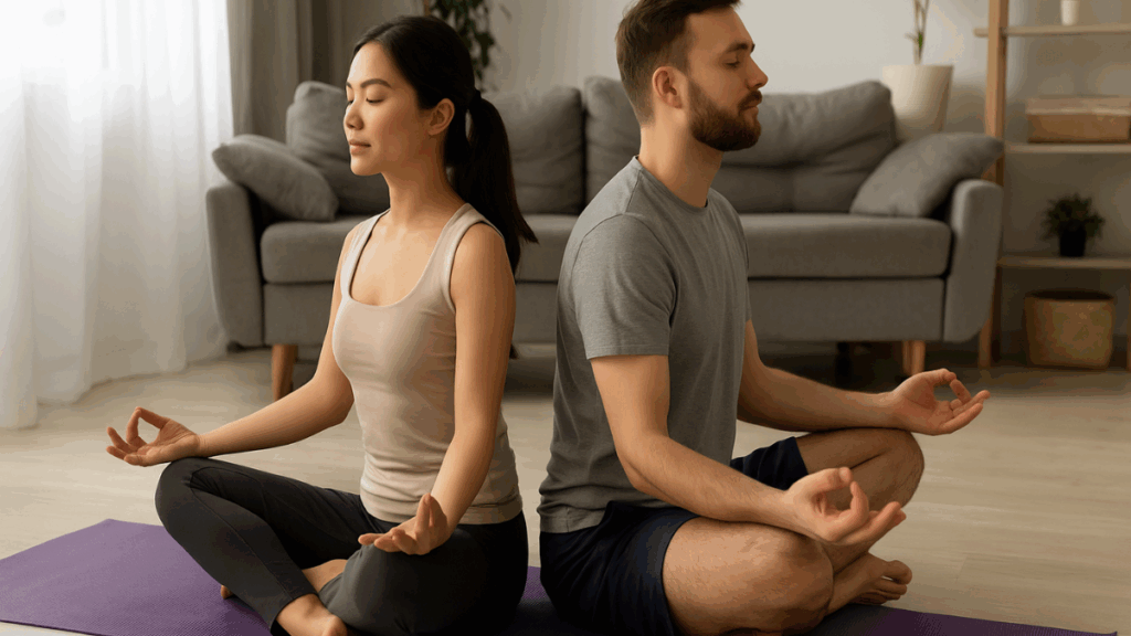 Casal praticando yoga em casa como parte de um estilo de vida saudável.