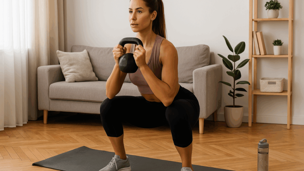 Mulher fazendo agachamento com kettlebell em casa para reduzir medidas.
