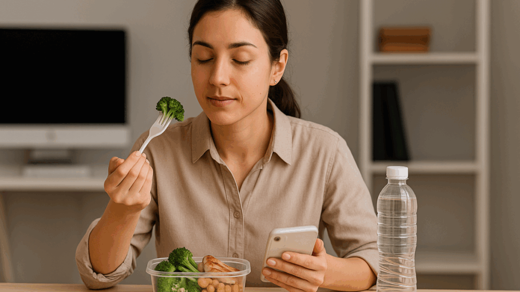 Mulher em ambiente de trabalho comendo de forma consciente usando marmita saudável

