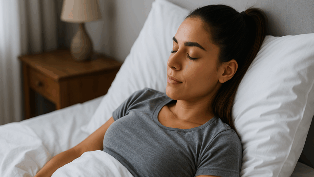 Mulher descansando em quarto iluminado, simbolizando importância do sono.