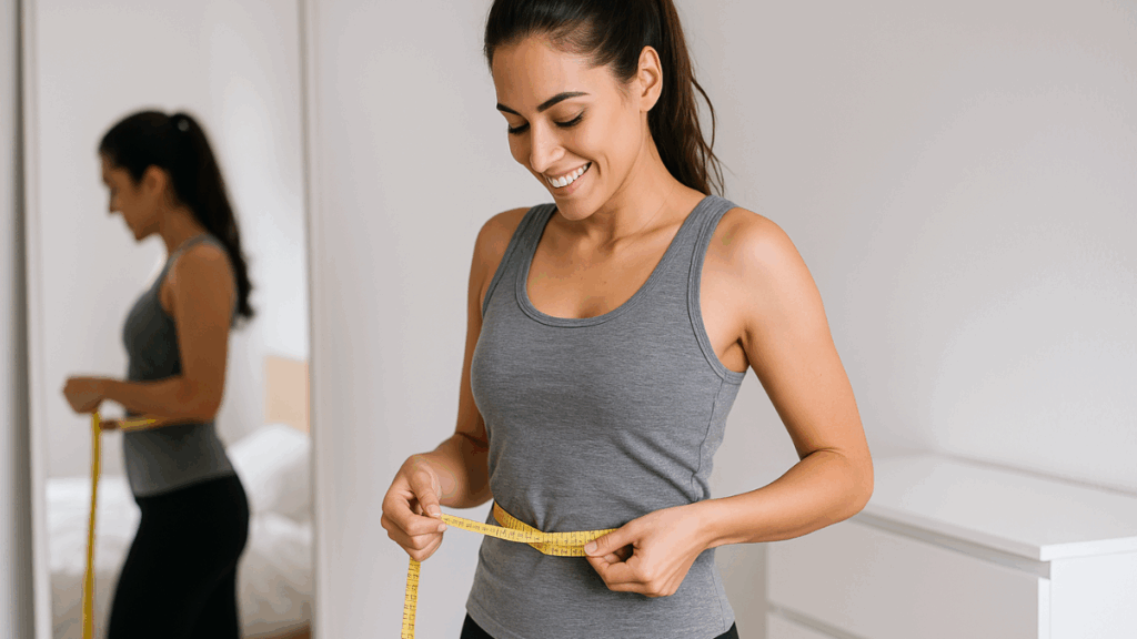 Mulher sorridente medindo a cintura com fita métrica em frente ao espelho.
