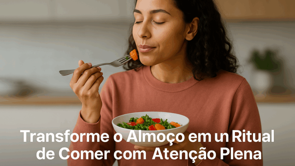 Mulher com expressão serena saboreando salada fresca com calma e presença