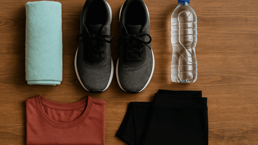 Tênis, roupas de treino e garrafa de água preparados para início de um plano de emagrecimento.