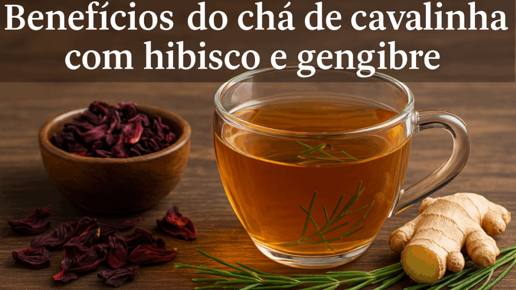 Xícara de chá de cavalinha em mesa rústica, ao lado de hibisco seco, gengibre fresco e ramos verdes da planta.