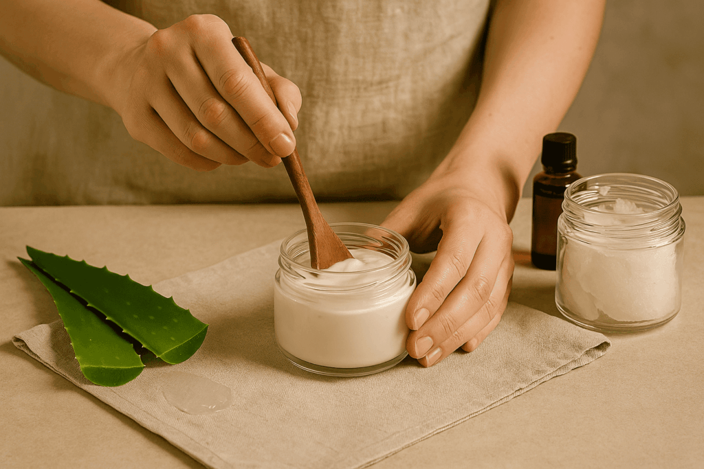 Mãos preparando hidratante caseiro com babosa e óleo de coco, misturando os ingredientes em pote de vidro artesanal.