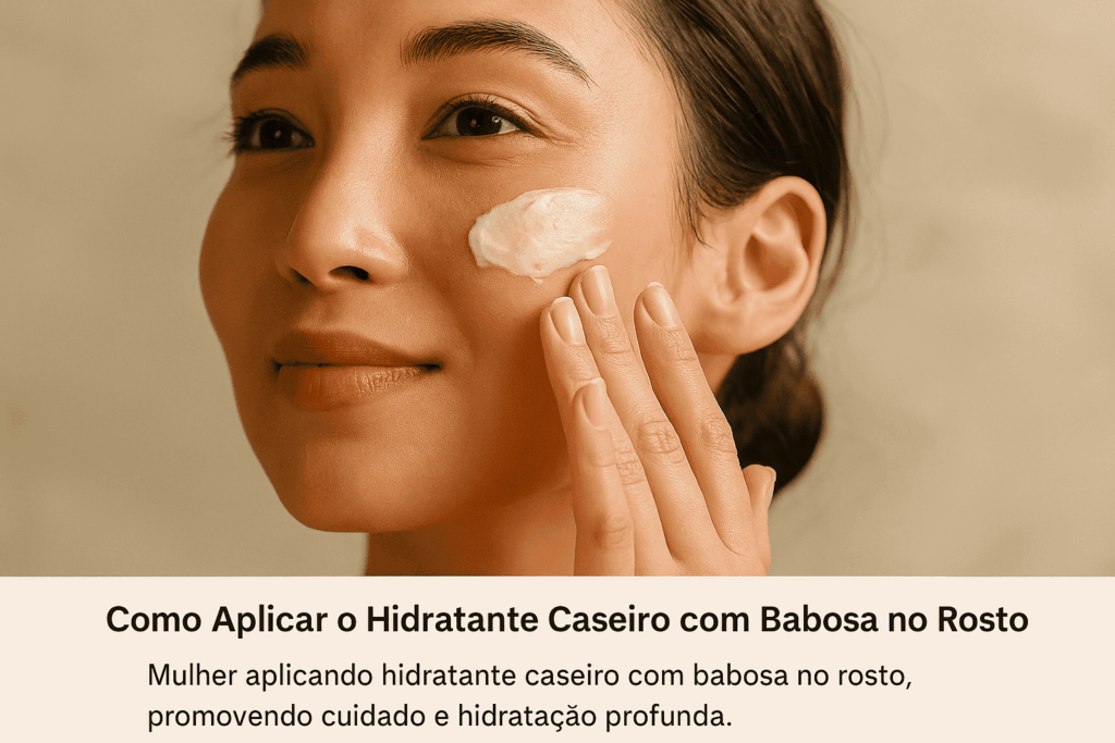 Mulher aplicando hidratante caseiro com babosa no rosto com os dedos, em ambiente natural e iluminado.
