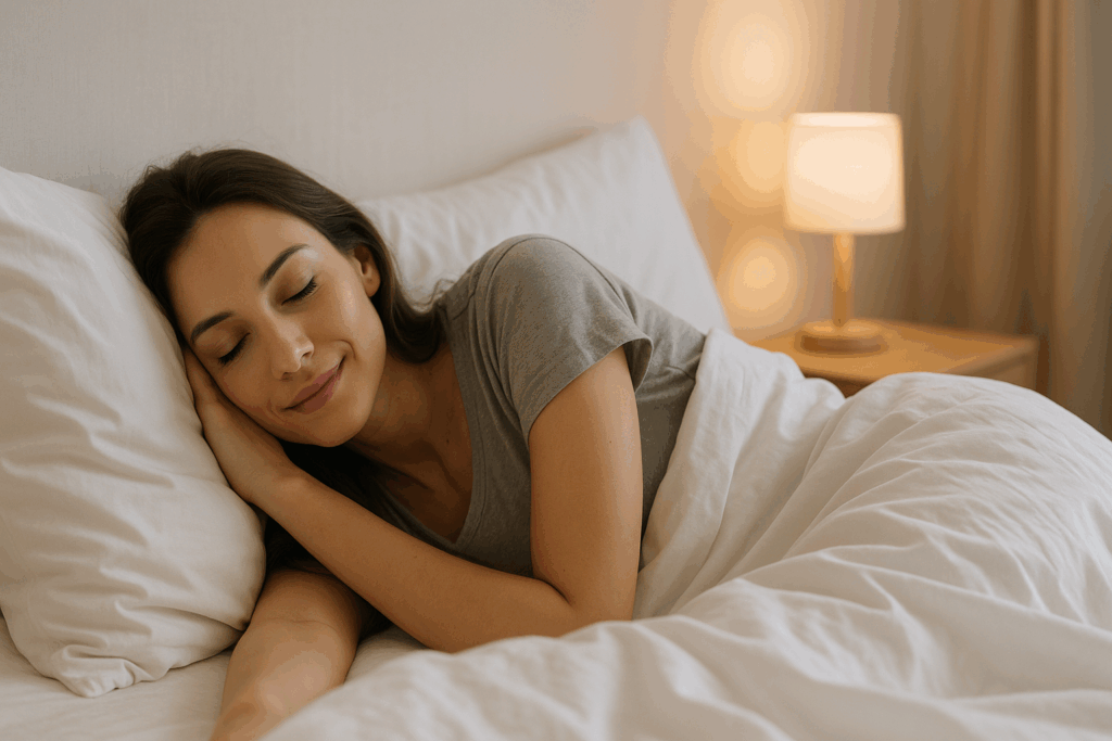 Mulher jovem dormindo serenamente em quarto minimalista iluminado suavemente.