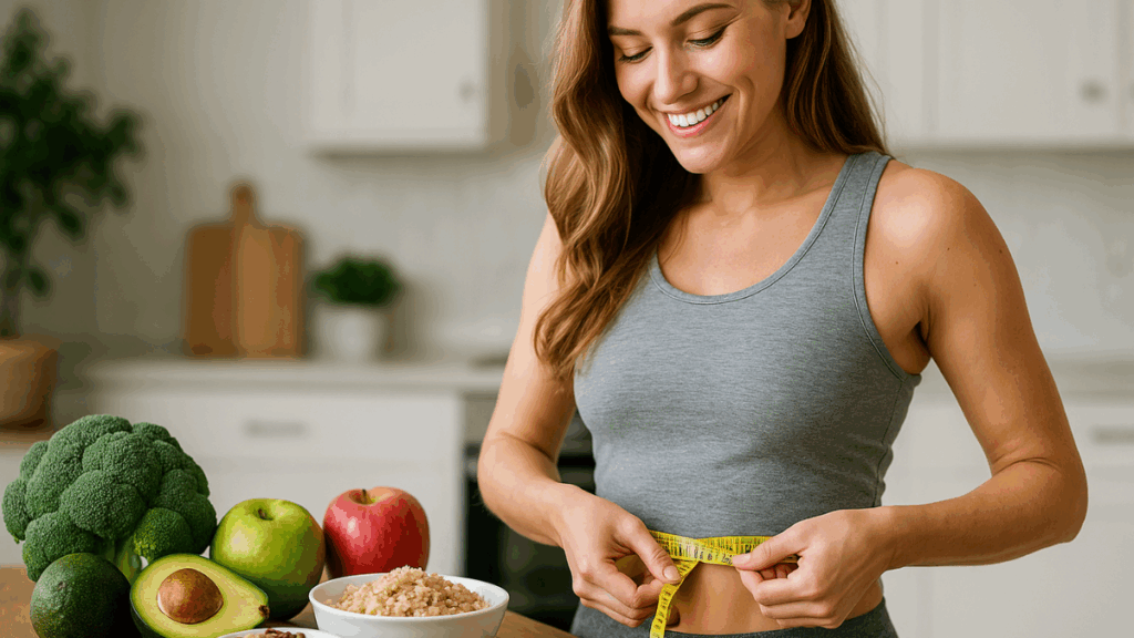 Prato saudável com peito de frango grelhado, arroz integral, legumes frescos no vapor e um copo de chá verde ao lado de um halter pequeno e fita métrica — conceito de metabolismo acelerado e emagrecimento.