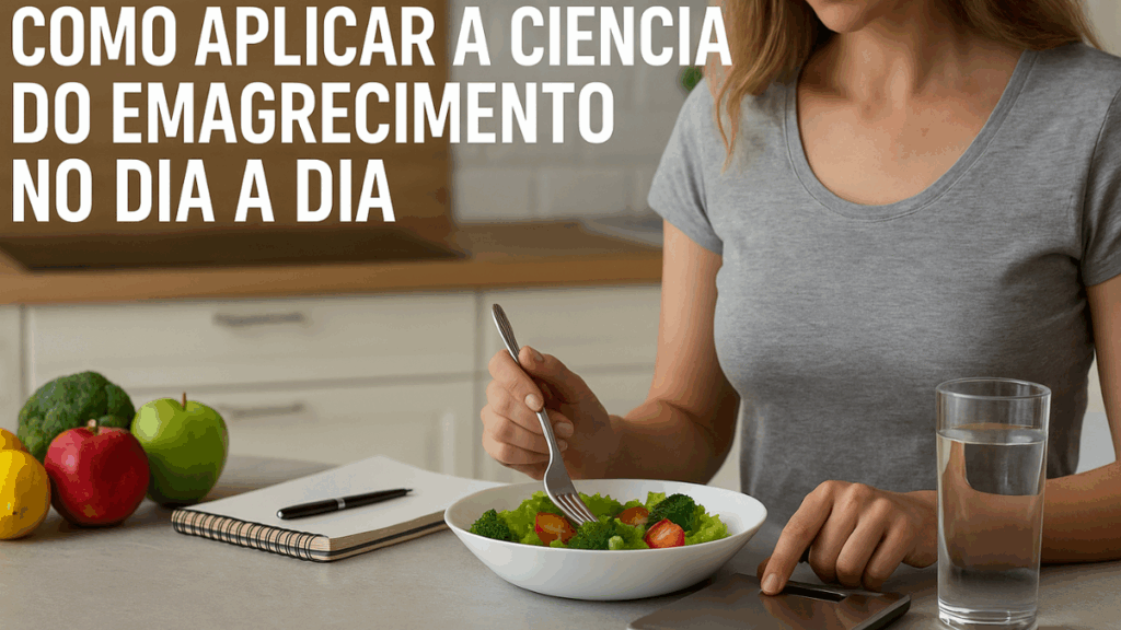 Mulher em cozinha moderna preparando refeição saudável com salada e copo de água, usando balança digital e caderno de planejamento alimentar.