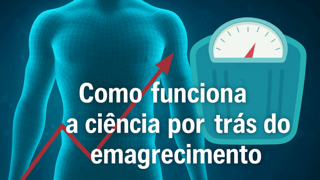 Ilustração científica mostrando o torso humano em 3D com gráficos e uma balança digital, representando como funciona a ciência por trás do emagrecimento.