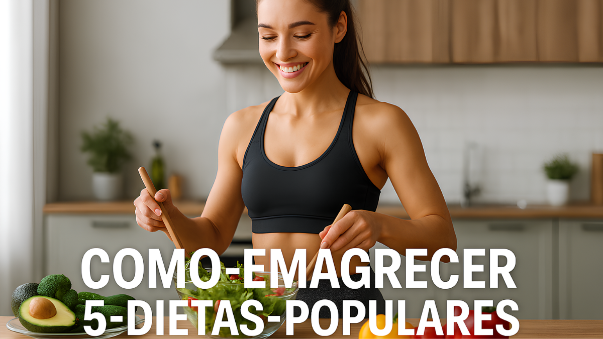 Mulher fitness sorridente preparando salada fresca em cozinha moderna, ilustrando o tema como-emagrecer-5-dietas-populares