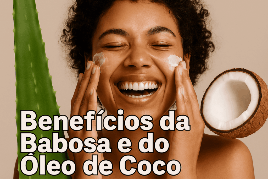 Mulher sorridente tocando o rosto com suavidade após usar hidratante caseiro com babosa e óleo de coco, transmitindo sensação de leveza e bem-estar.